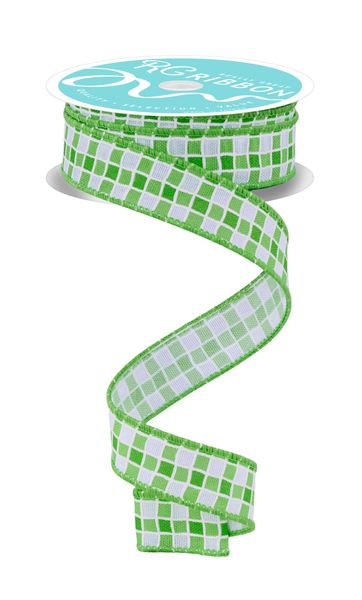 White & Multi Green Small Check With Foam Lines Ribbon - 7/8 ...