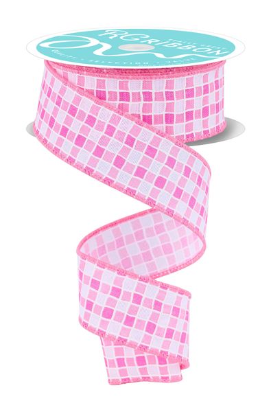 White & Multi Pink Small Check With Foam Lines Ribbon - 1.5