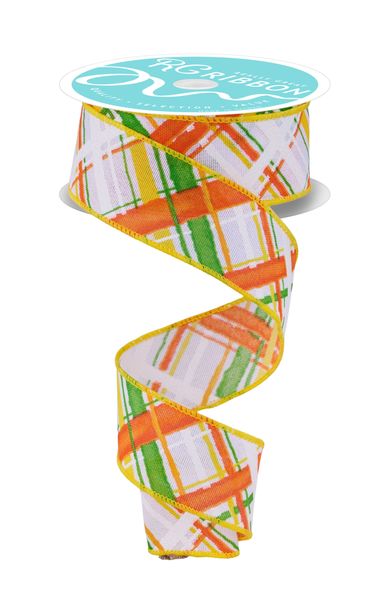White, Orange, Green, & Yellow Diagonal Multi Width Plaid Ribbon - 1.5" - Greenery MarketRGH118729