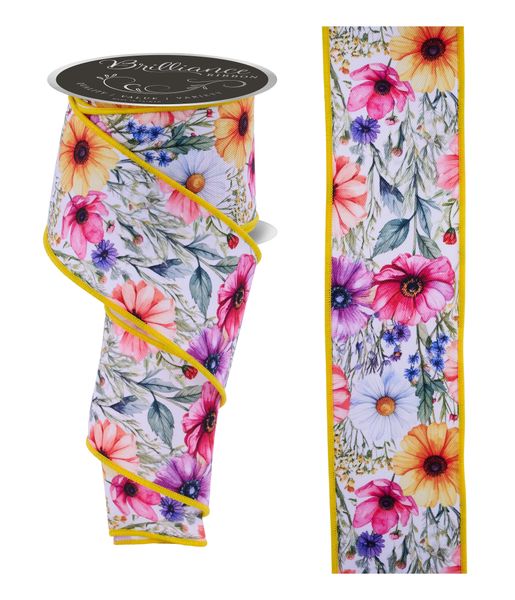 White, Peach, Coral, & Yellow Mixed Wildflowers Ribbon - 2.5" - Greenery MarketWired RibbonLS1235ET