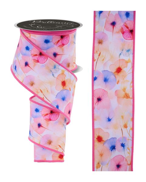 White, Pink, Yellow, & Blue Watercolor Florals Ribbon - 2.5" - Greenery MarketWired RibbonLS116911