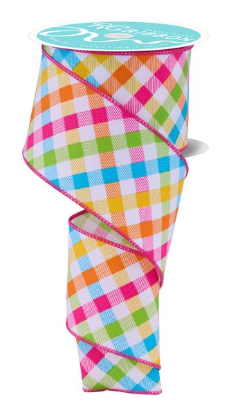 White, Pink, Yellow, Turquoise, & Orange Multicolor Plaid Ribbon - 2.5" - Greenery MarketWired RibbonRGH115911