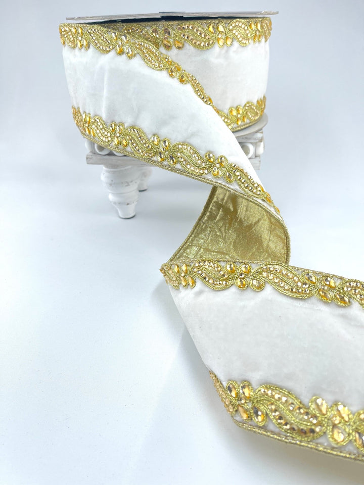 White plush velvet with ornate gems border 4” farrisilk wired ribbon - Greenery MarketRibbons & TrimRG564 - 43