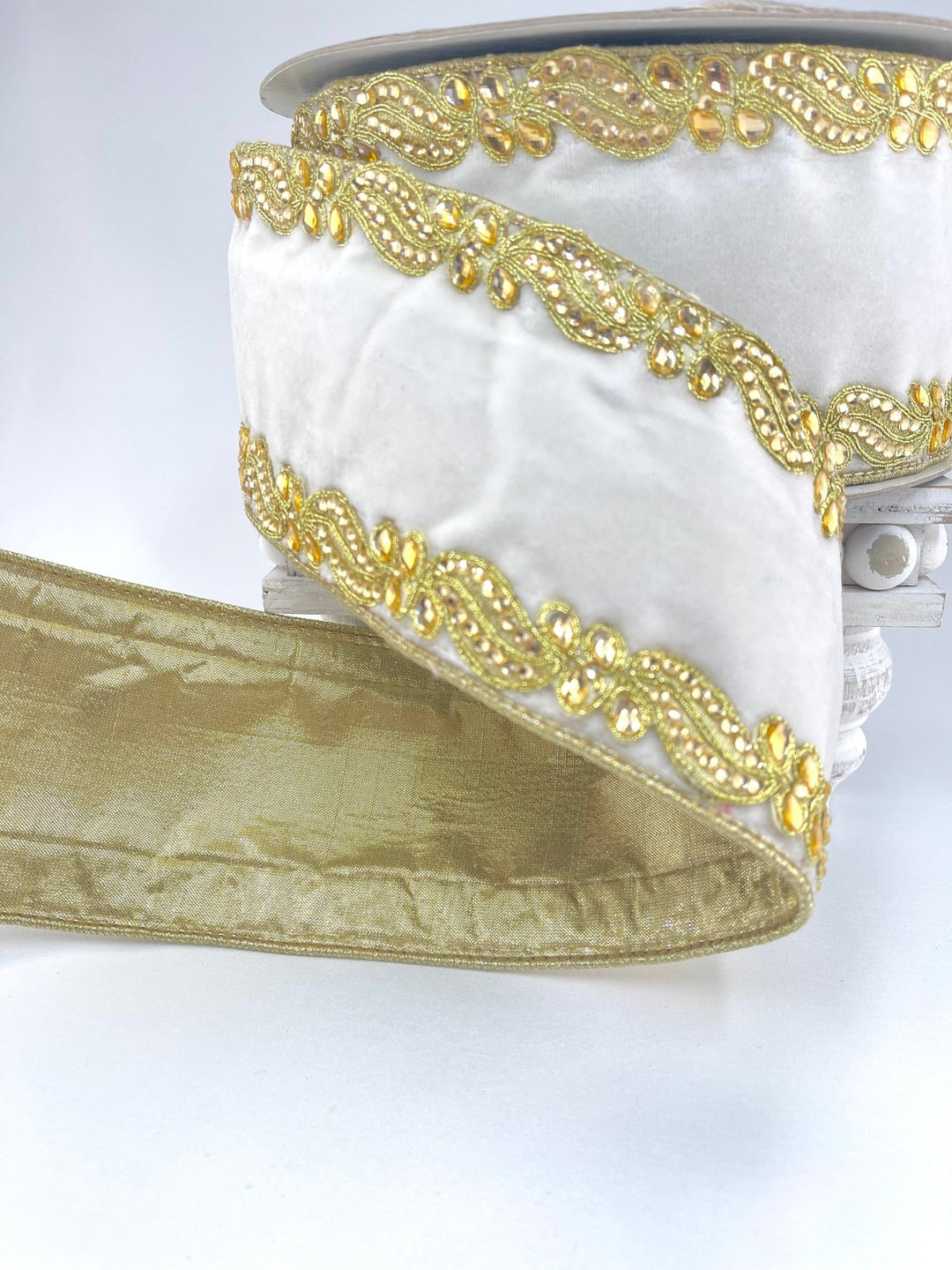 White plush velvet with ornate gems border 4” farrisilk wired ribbon - Greenery MarketRibbons & TrimRG564 - 43