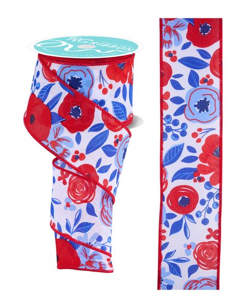 White, Red, & Blue Bold Blooms Ribbon - 2.5" - Greenery MarketWired RibbonRGH1337A1