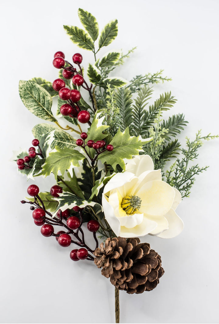 White & Red Magnolia, Berry, Holly & Pine Spray - 26" - Greenery MarketXDS511-WH/RE