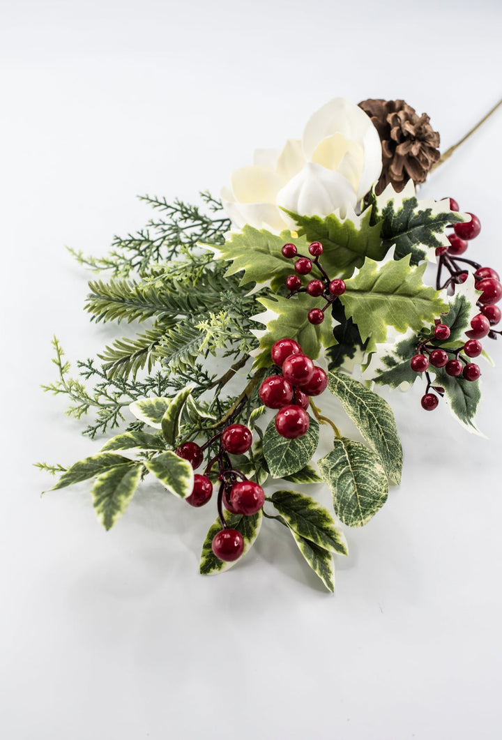 White & Red Magnolia, Berry, Holly & Pine Spray - 26" - Greenery MarketXDS511-WH/RE