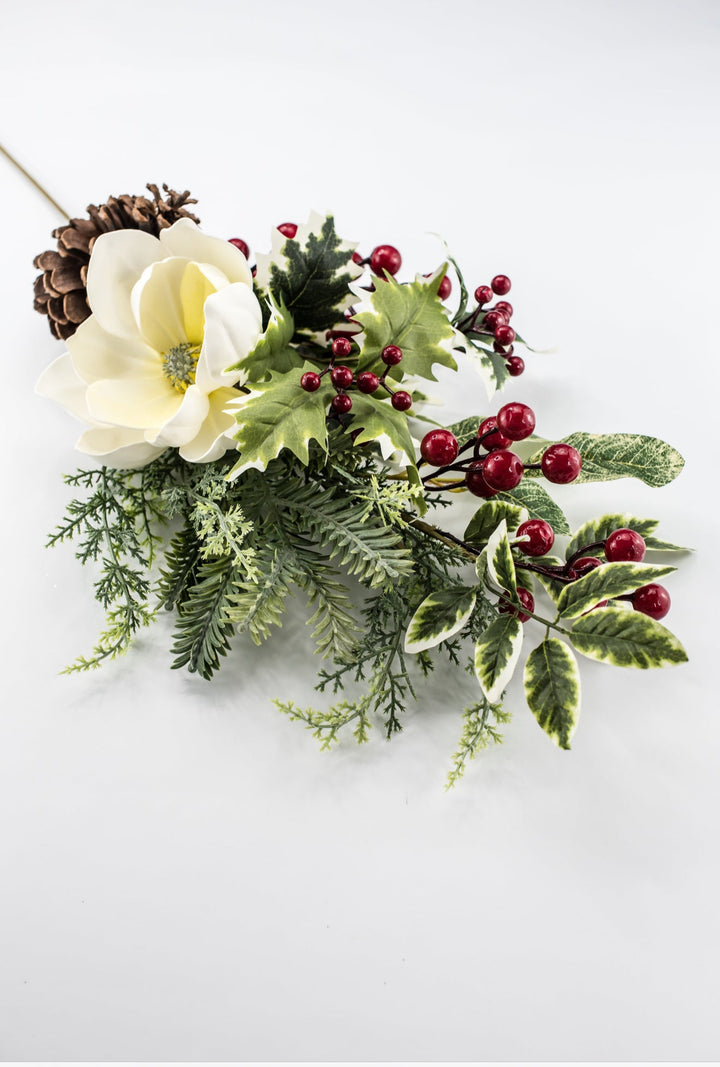 White & Red Magnolia, Berry, Holly & Pine Spray - 26" - Greenery MarketXDS511-WH/RE