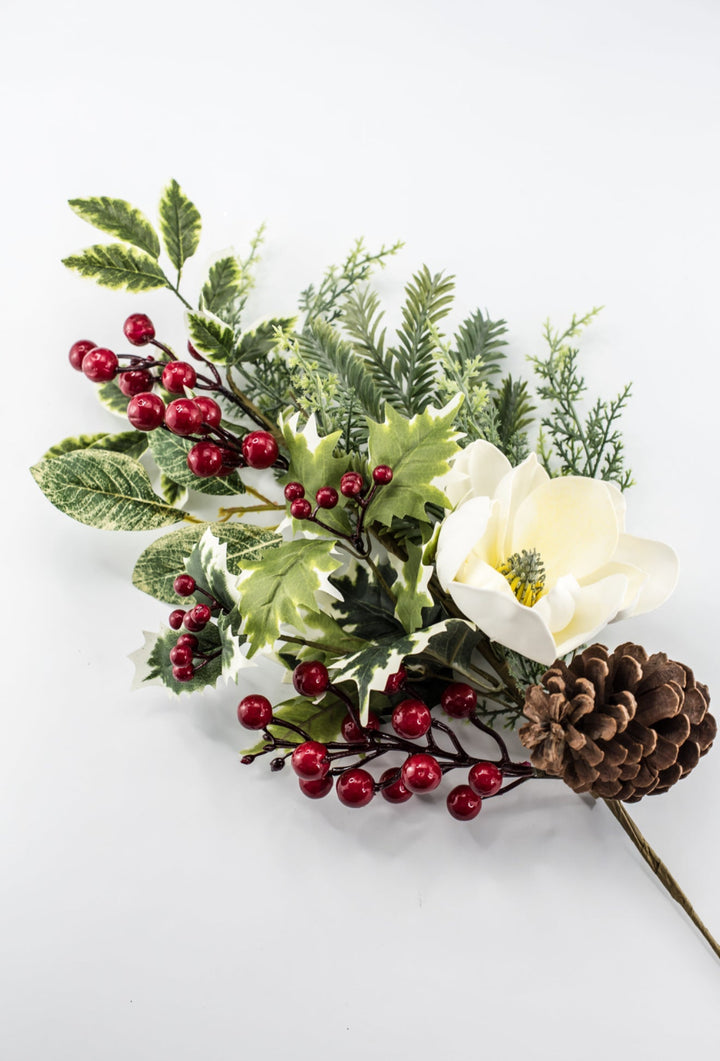 White & Red Magnolia, Berry, Holly & Pine Spray - 26" - Greenery MarketXDS511-WH/RE