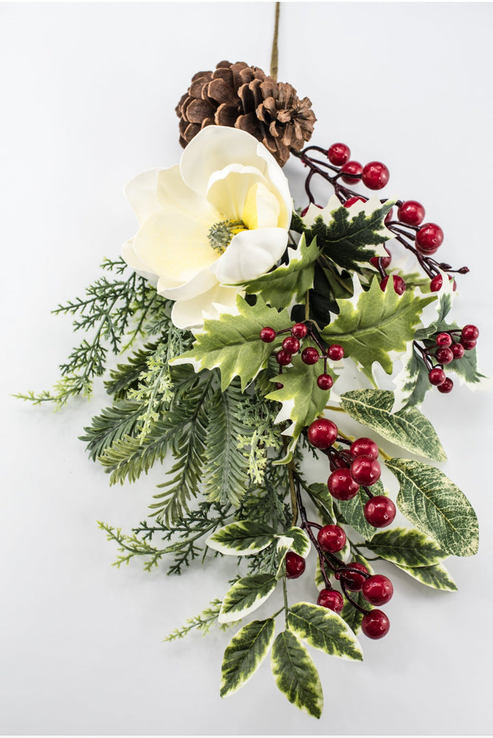 White & Red Magnolia, Berry, Holly & Pine Spray - 26" - Greenery MarketXDS511-WH/RE