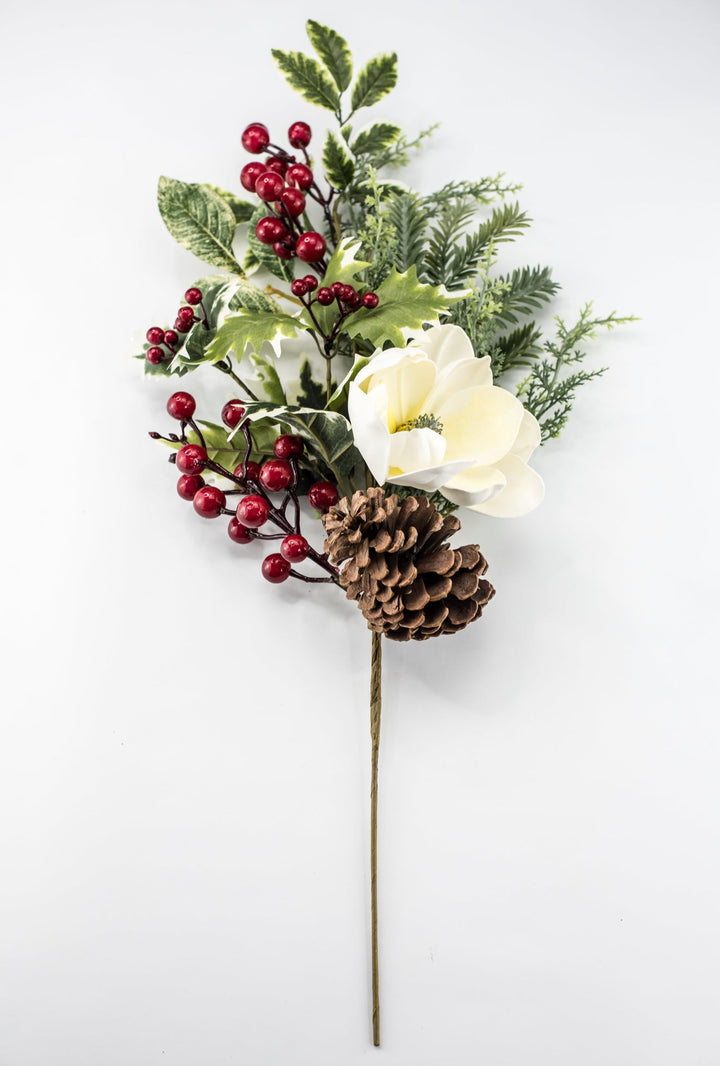 White & Red Magnolia, Berry, Holly & Pine Spray - 26" - Greenery MarketXDS511-WH/RE