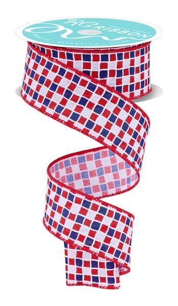 White, Red, & Navy Small Check With Foam Lines Ribbon - 1.5" - Greenery MarketWired RibbonRGH117724