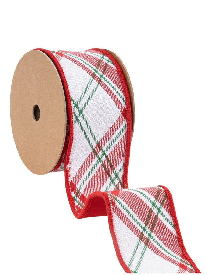 White & Red Plaid Wired Ribbon - 2.5" - Greenery Market7418W - 029 - 63E