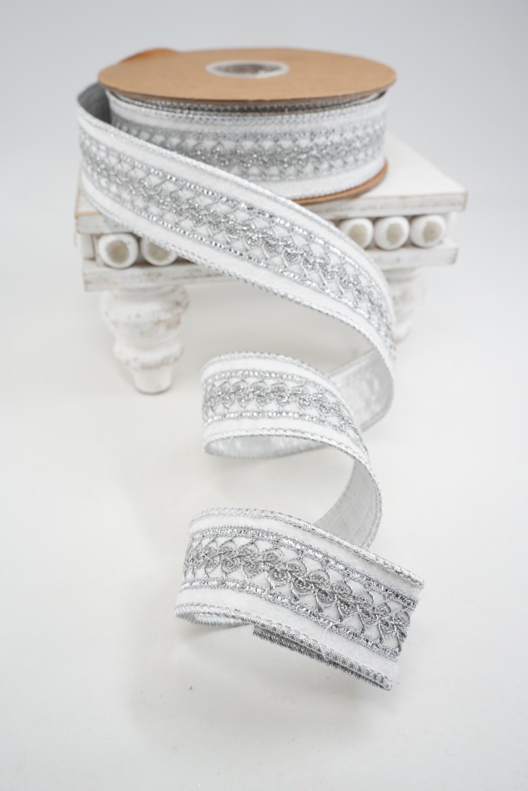 White & Silver Double-Fused Wired Velvet Ribbon w/ Metallic Trim Ribbon - 1.5" - Greenery Market7251W-029-38E