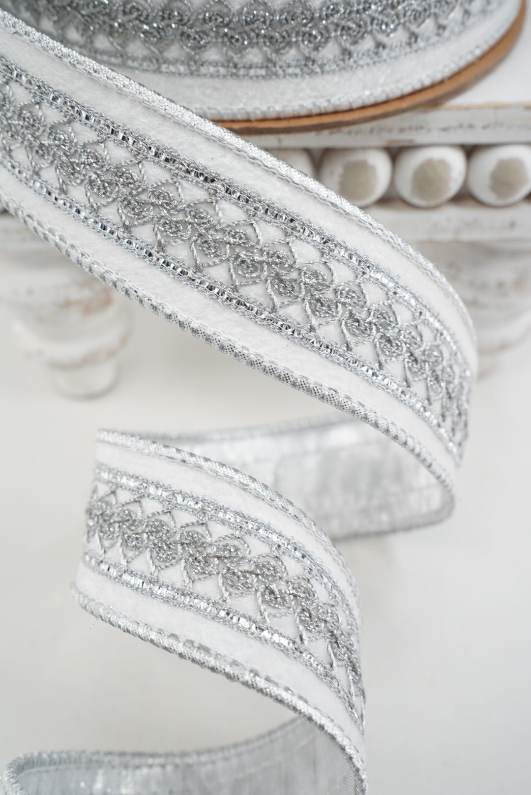 White & Silver Double-Fused Wired Velvet Ribbon w/ Metallic Trim Ribbon - 1.5" - Greenery Market7251W-029-38E