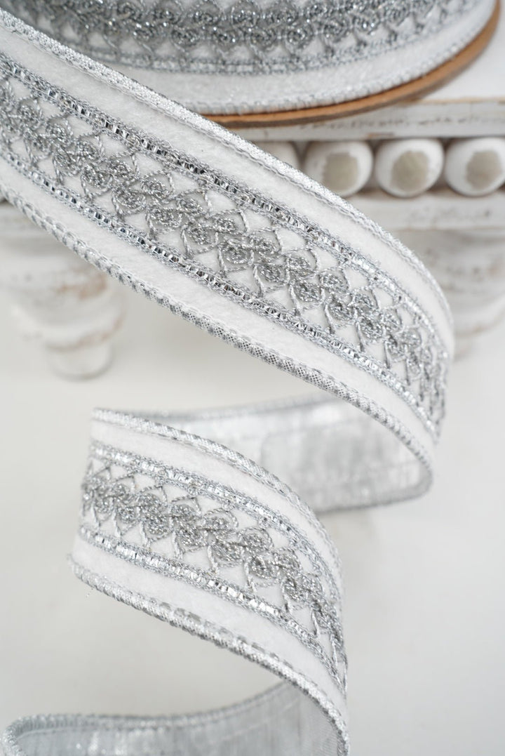 White & Silver Double-Fused Wired Velvet Ribbon w/ Metallic Trim Ribbon - 1.5" - Greenery Market7251W-029-38E
