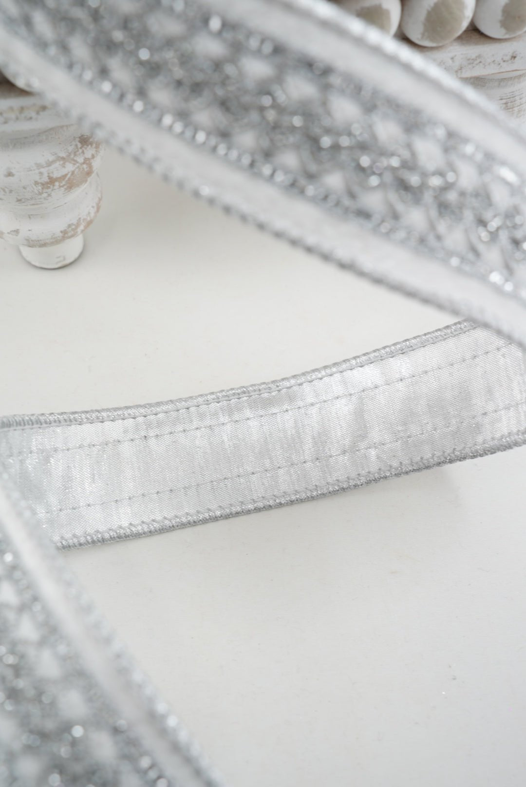 White & Silver Double-Fused Wired Velvet Ribbon w/ Metallic Trim Ribbon - 1.5" - Greenery Market7251W-029-38E
