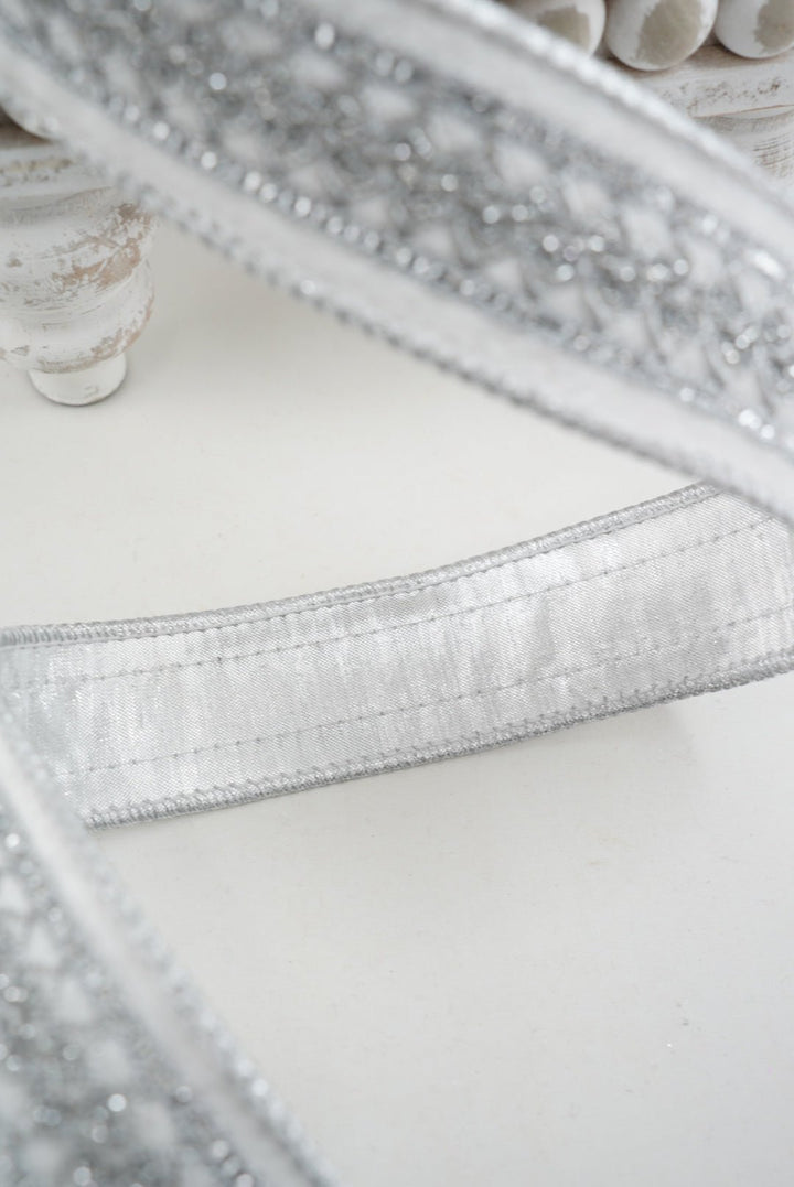 White & Silver Double-Fused Wired Velvet Ribbon w/ Metallic Trim Ribbon - 1.5" - Greenery Market7251W-029-38E