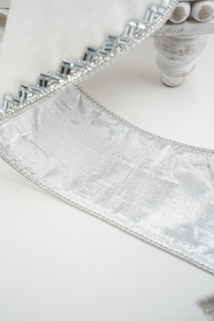 White & Silver Heritage Jewel Farrisilk Wired Ribbon - 4" - Greenery MarketRK657-73