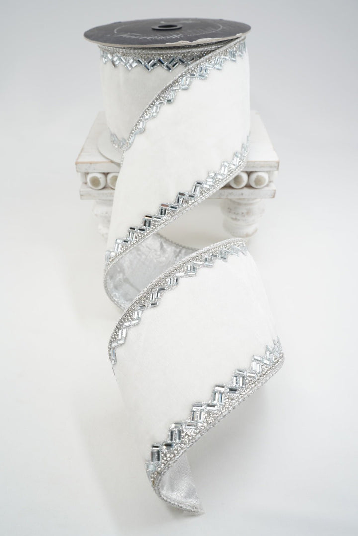White & Silver Heritage Jewel Farrisilk Wired Ribbon - 4" - Greenery MarketRK657-73