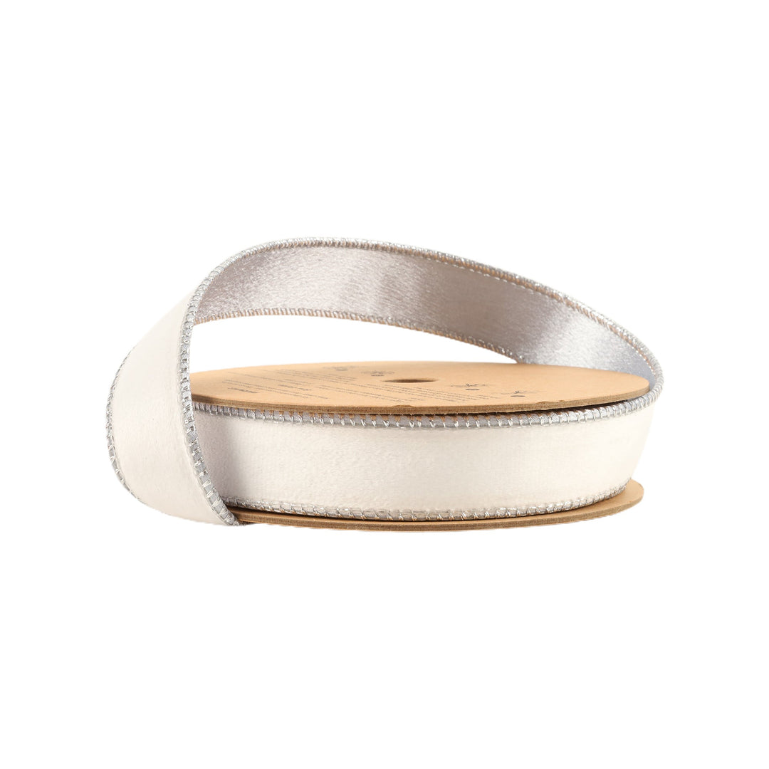 White & Silver Reversible Classic Velvet Wired Ribbon - 1" - Greenery Market7115W - 029 - 25E