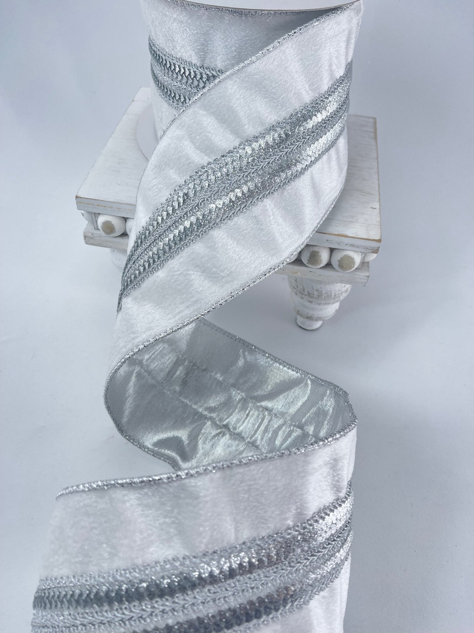 White plush velvet with silver trim 4” wired ribbon