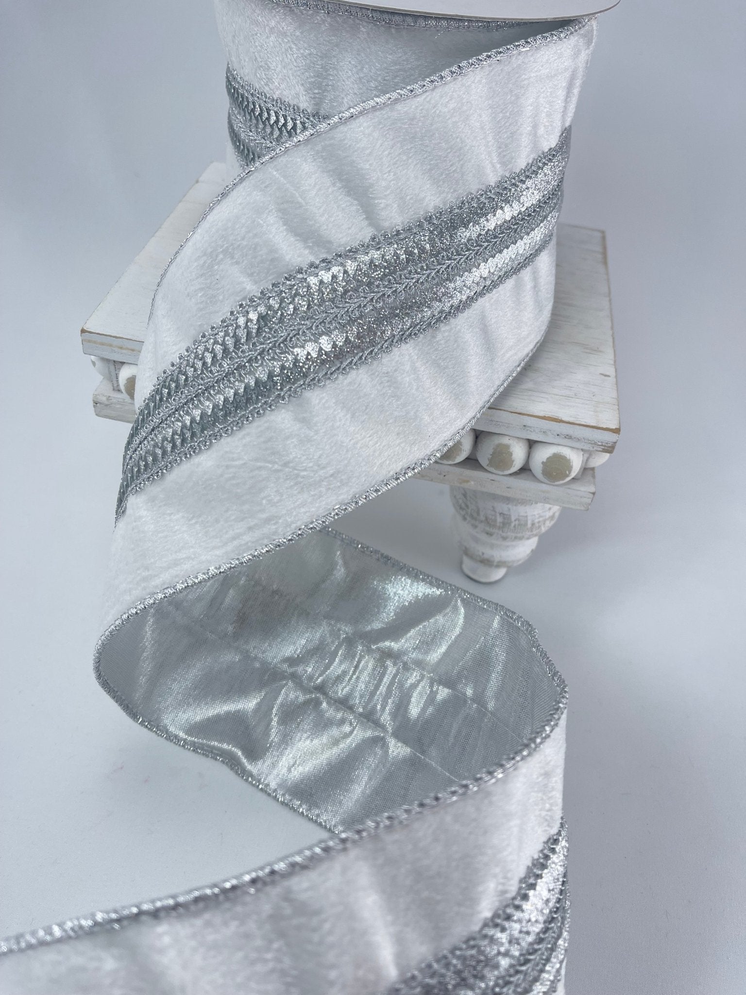 White plush velvet with silver trim 4” wired ribbon - Greenery Market