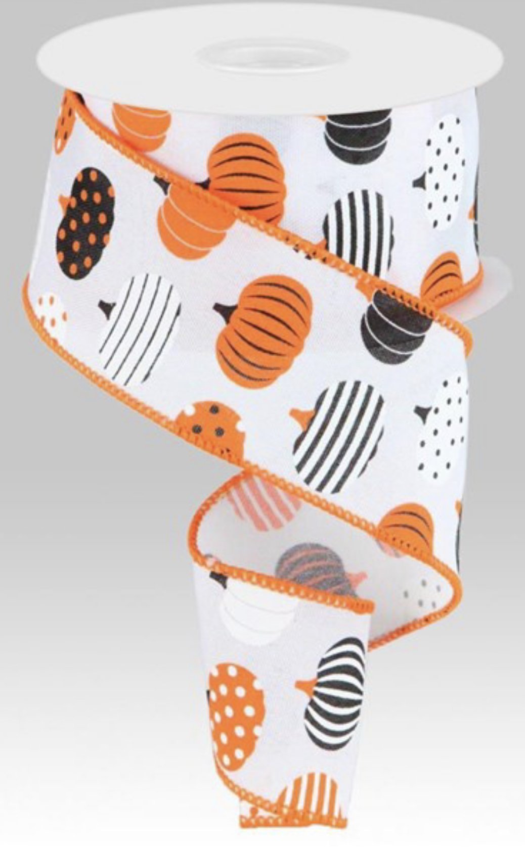 Rgc Ribbon White with Orange patterned Pumpkins wired ribbon - 2.5” - Greenery Market