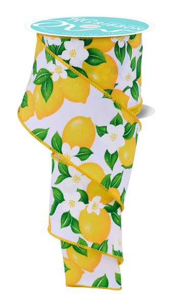 White, Yellow, & Green Lemons With Flowers Ribbon - 2.5" - Greenery MarketWired RibbonRGH122427
