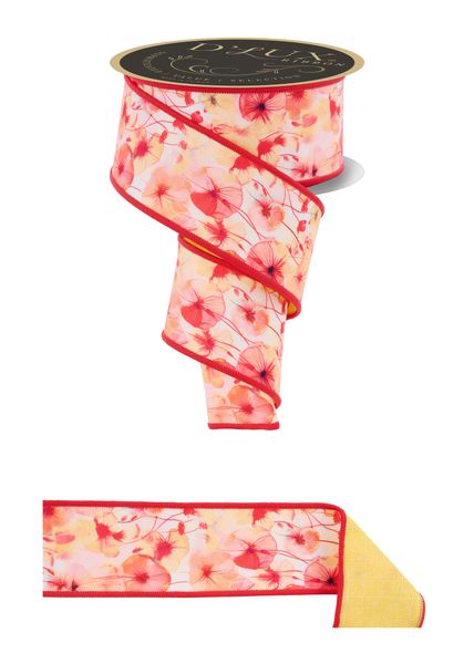 White, Yellow, Red, & Orange Watercolor Florals Fused Ribbon - 2.5" - Greenery MarketWired RibbonLX11728N