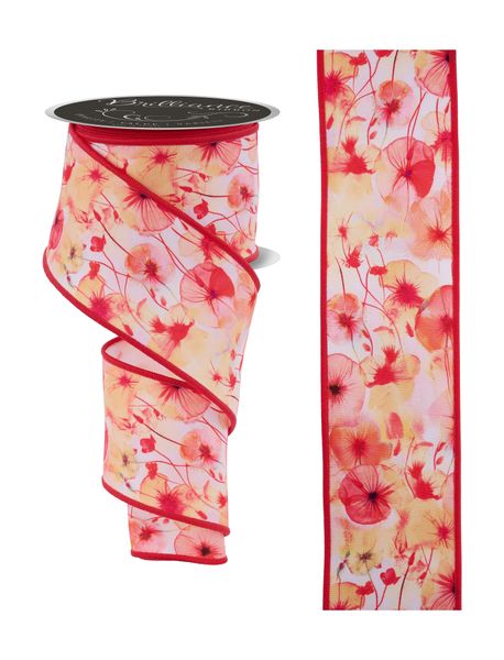 White, Yellow, Red, & Orange Watercolor Florals Ribbon - 2.5" - Greenery MarketWired RibbonLS11728N