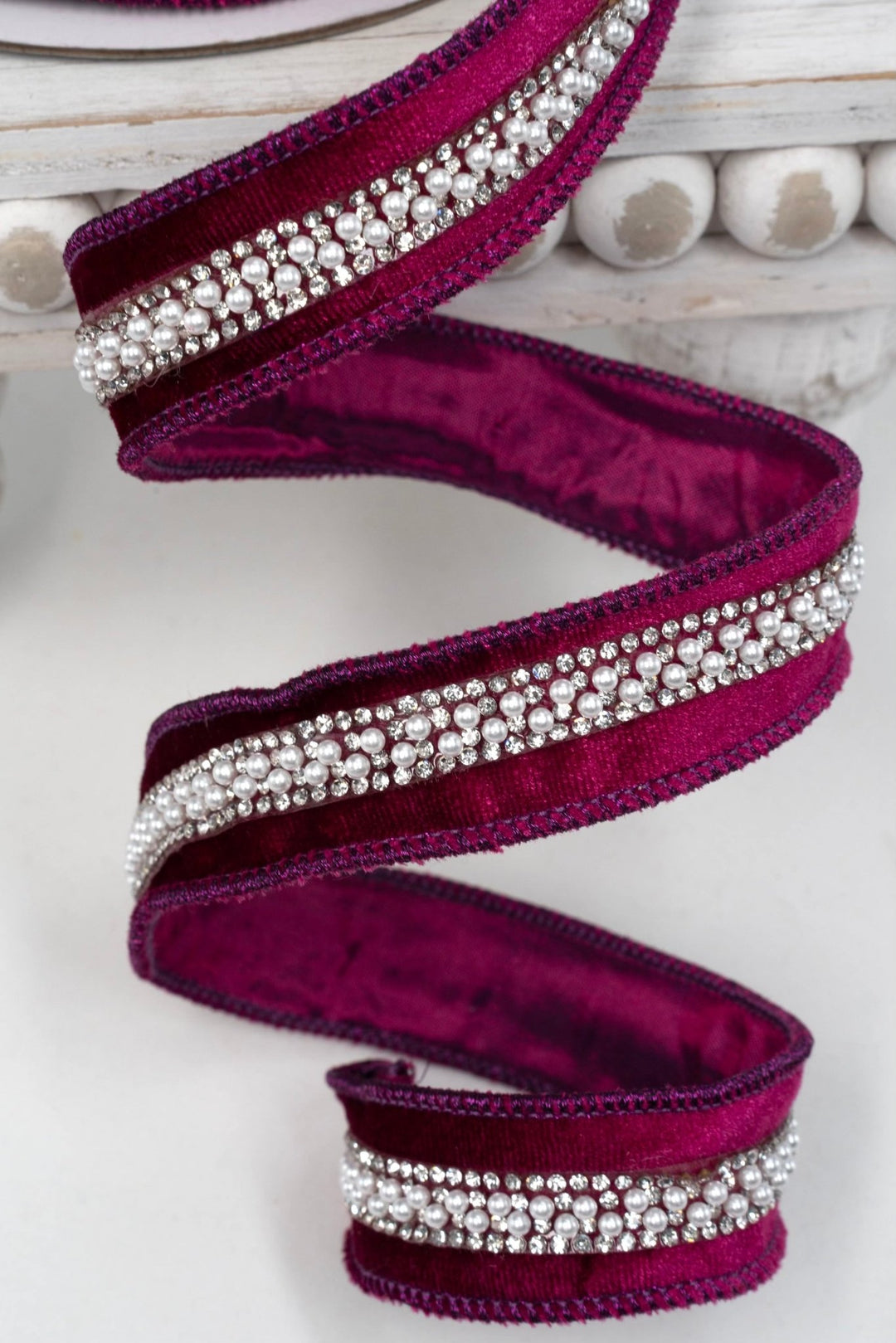 Wine Bling and Pearl Velvet Wired Ribbon - 1" - Greenery Market25-C978-7