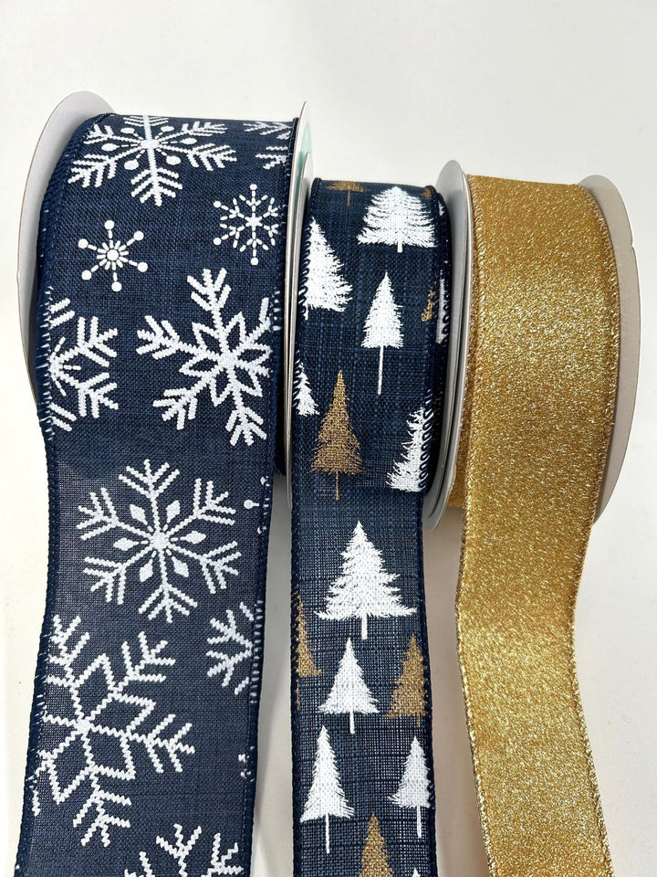 Winter Navy Blue And Gold Bow Bundle x 3 Ribbons - Greenery MarketBlueFlakeX3
