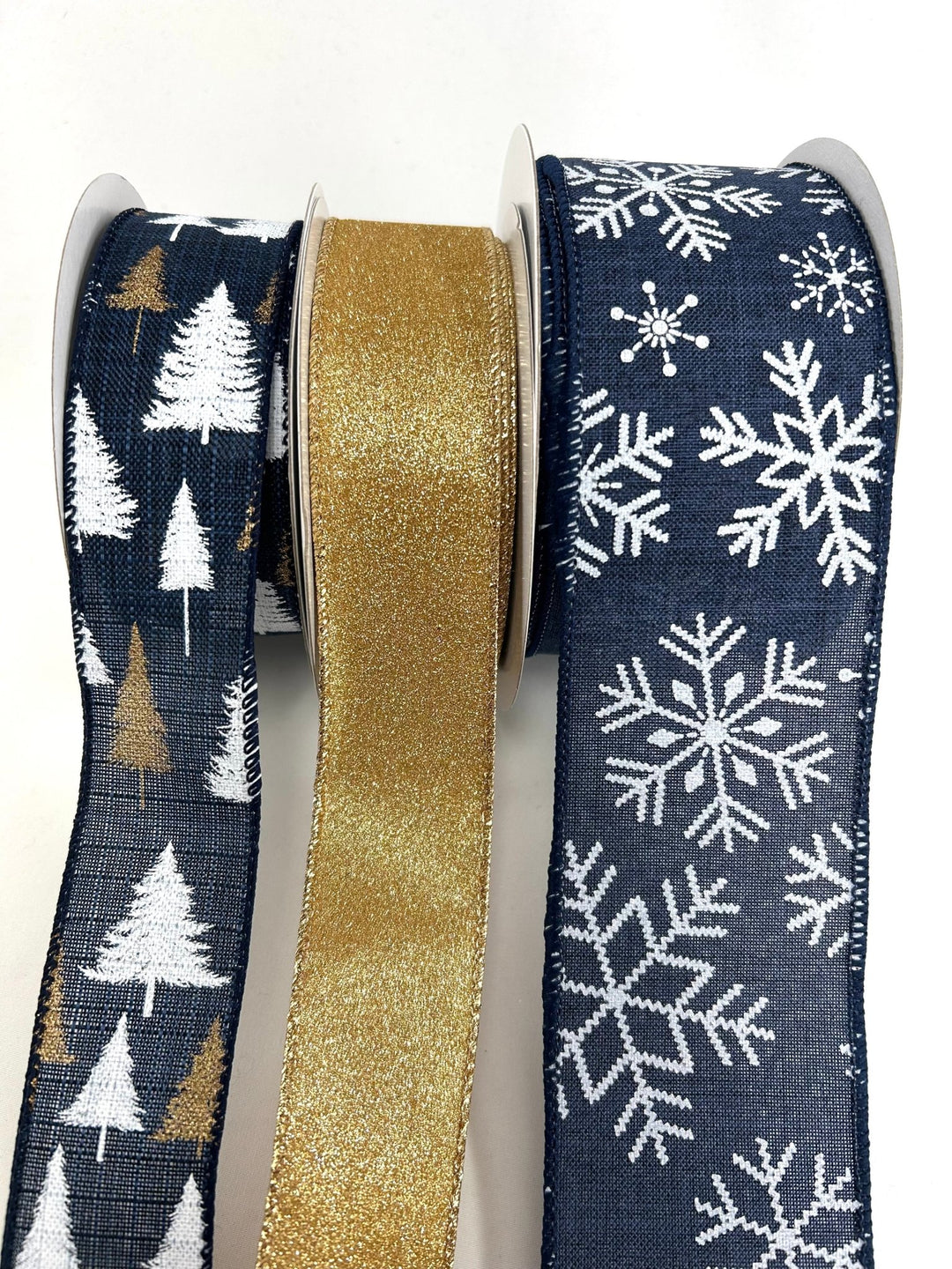 Winter Navy Blue And Gold Bow Bundle x 3 Ribbons - Greenery MarketBlueFlakeX3