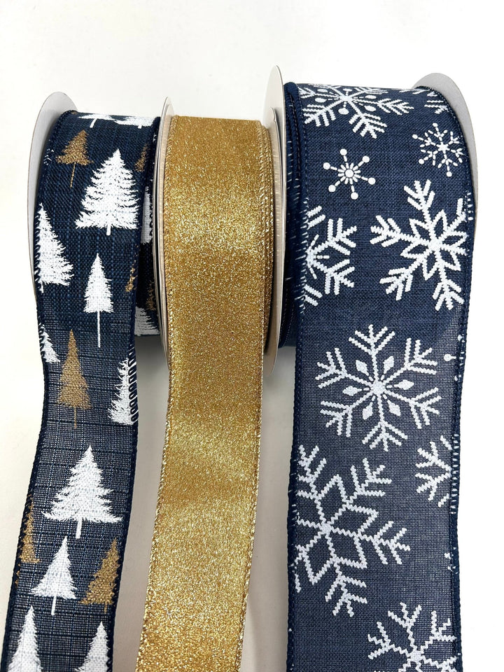 Winter Navy Blue And Gold Bow Bundle x 3 Ribbons - Greenery MarketBlueFlakeX3