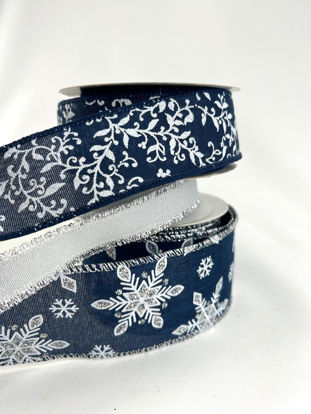 Winter Navy Blue And Silver Bow Bundle x 3 Ribbons - Greenery MarketBlueFlakex3
