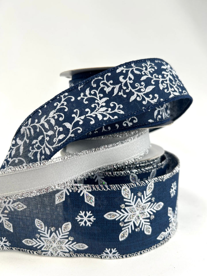 Winter Navy Blue And Silver Bow Bundle x 3 Ribbons - Greenery MarketBlueFlakex3