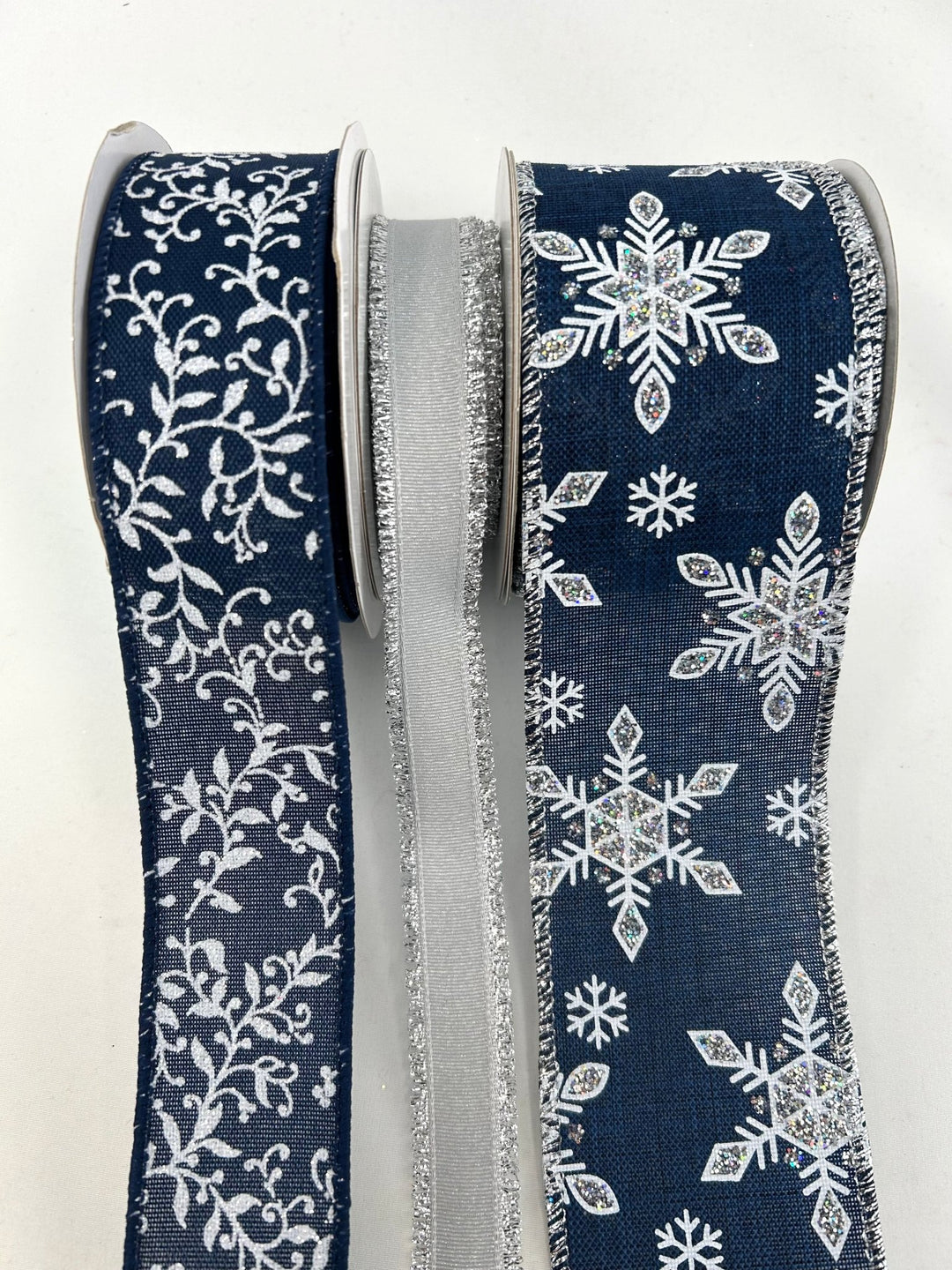 Winter Navy Blue And Silver Bow Bundle x 3 Ribbons - Greenery MarketBlueFlakex3