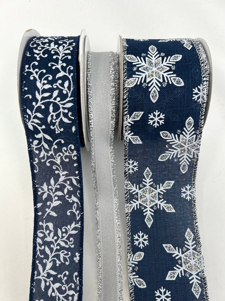 Winter Navy Blue And Silver Bow Bundle x 3 Ribbons - Greenery MarketBlueFlakex3