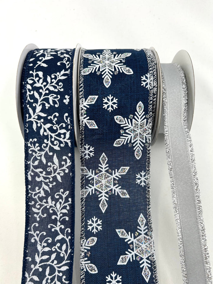 Winter Navy Blue And Silver Bow Bundle x 3 Ribbons - Greenery MarketBlueFlakex3