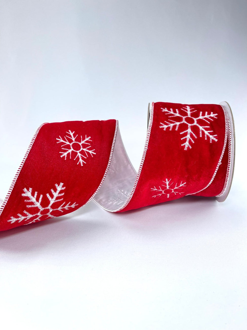 Winter snowflake on red velvet 4” wide wired ribbon - Greenery MarketWired ribbon137982