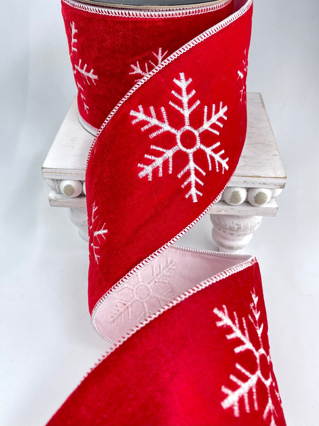 Winter snowflake on red velvet 4” wide wired ribbon - Greenery MarketWired ribbon137982