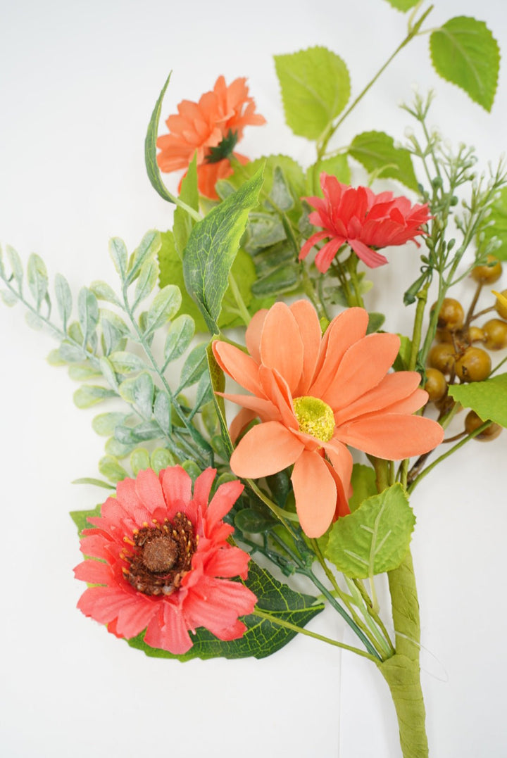 Yellow and Coral Mixed Flower Pick With Greenery - Greenery MarketArtificial Flora65524