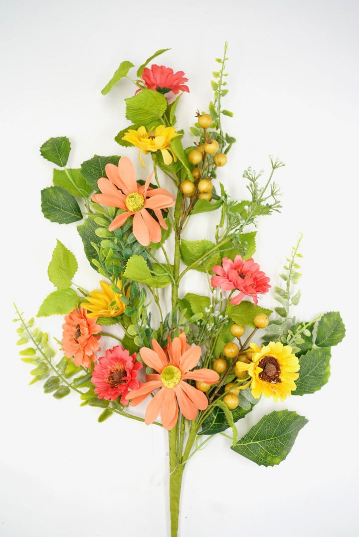 Yellow and Coral Mixed Flower Spray With Greenery - Greenery MarketArtificial Flora65525