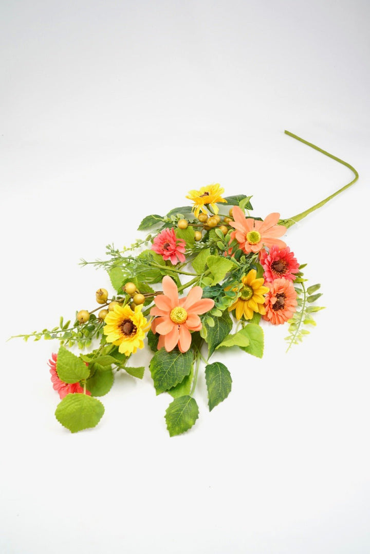 Yellow and Coral Mixed Flower Spray With Greenery - Greenery MarketArtificial Flora65525