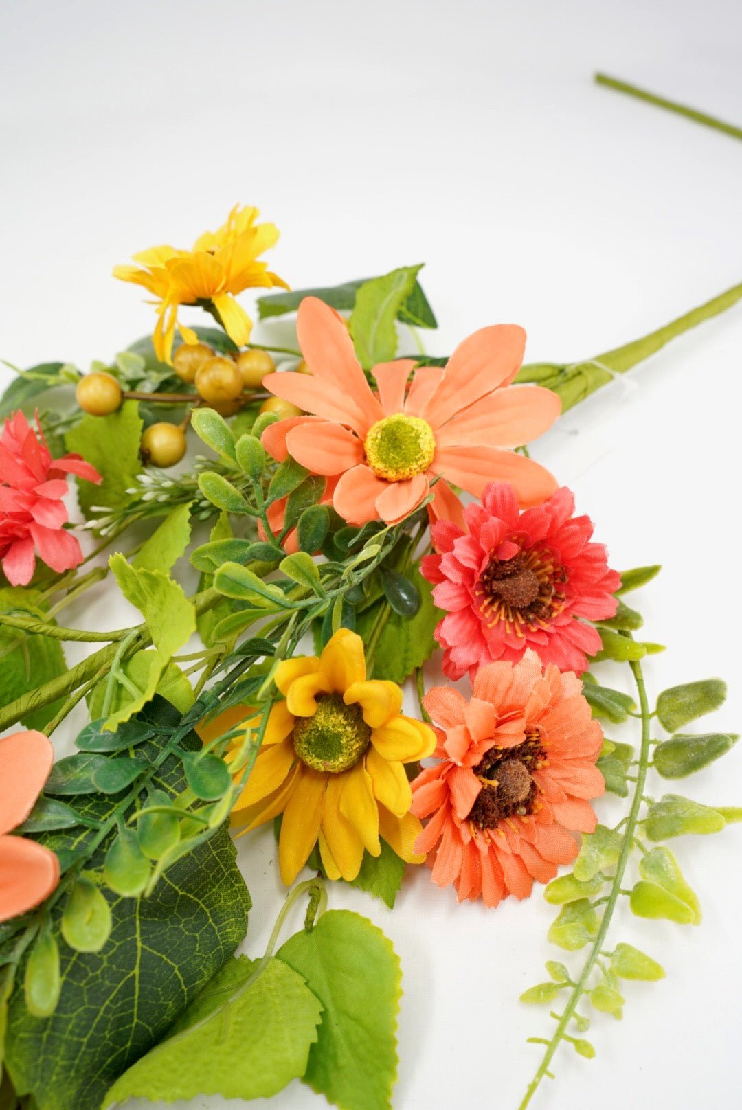 Yellow and Coral Mixed Flower Spray With Greenery - Greenery MarketArtificial Flora65525