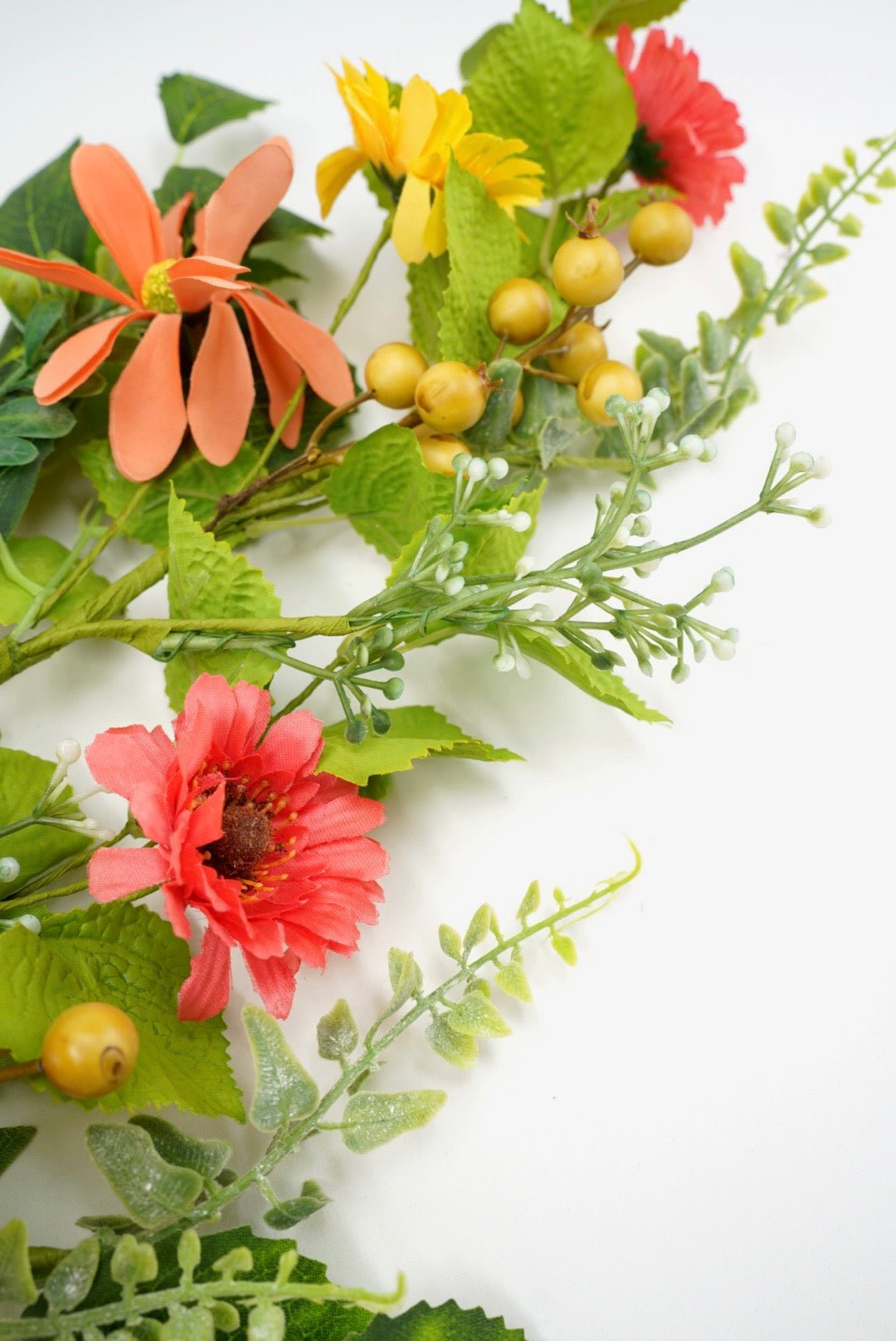 Yellow and Coral Mixed Flower Spray With Greenery - Greenery MarketArtificial Flora65525