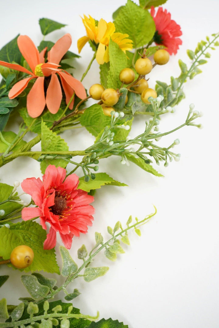 Yellow and Coral Mixed Flower Spray With Greenery - Greenery MarketArtificial Flora65525