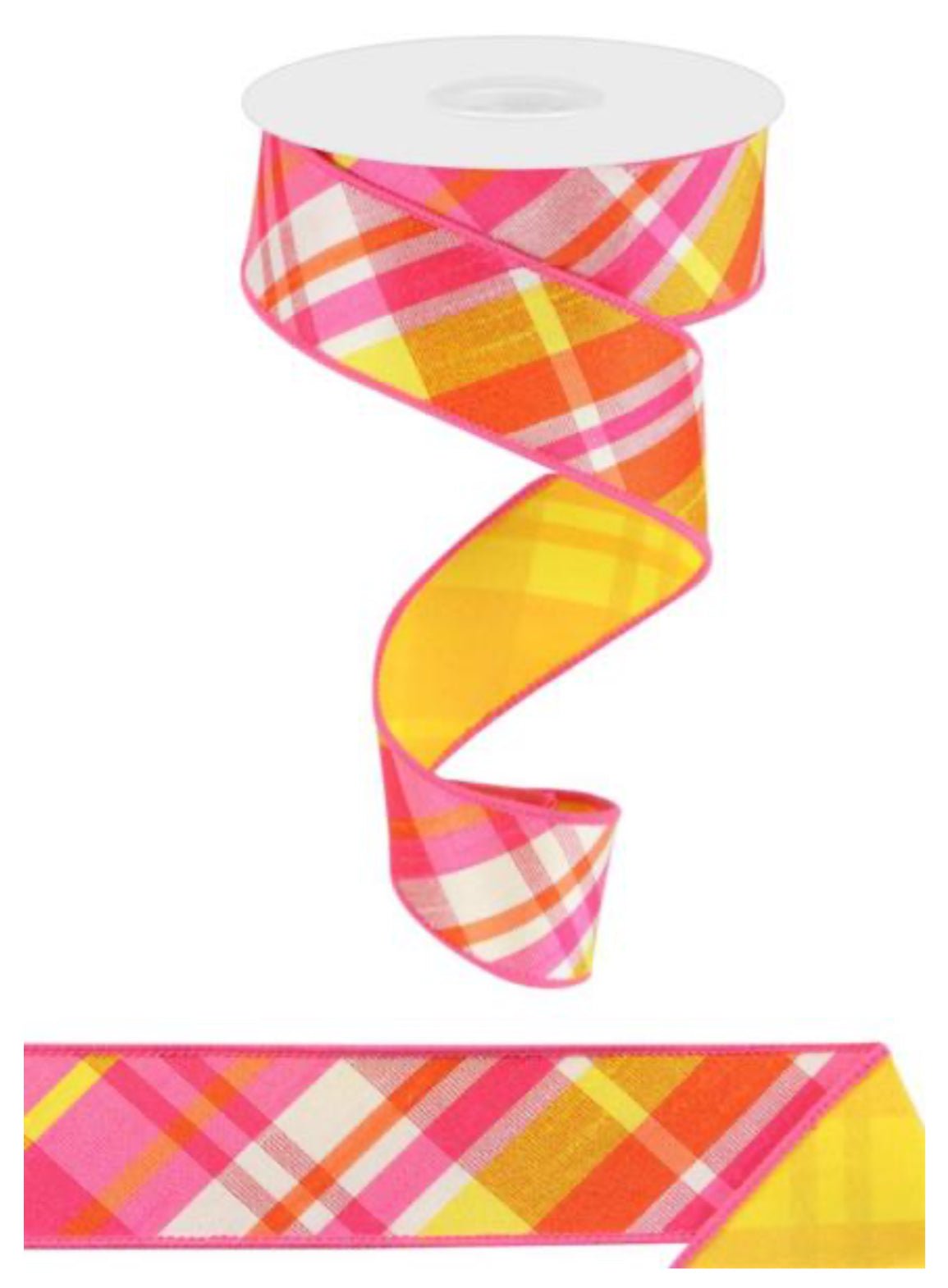 Yellow and pink plaid wired ribbon with fused back, 1.5