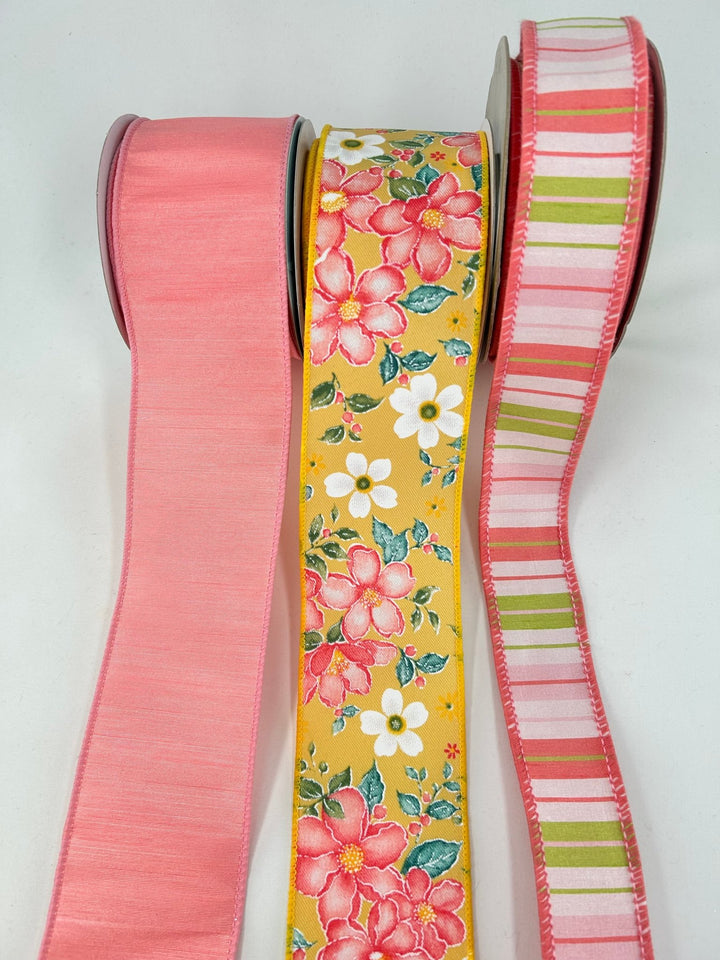 Yellow & Coral Floral Bow Bundle x 3 wired ribbons - Greenery MarketWired ribbon